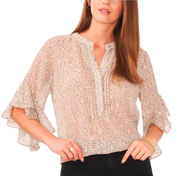 Vince Camuto Blouse XS Flutter Sleeve Beige Gold Metallic - Picture 1 of 6